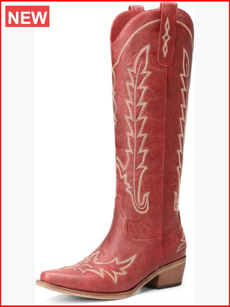 Knee High Pointed Toe Chunky Heel Zipper Western Cowgirl Boots